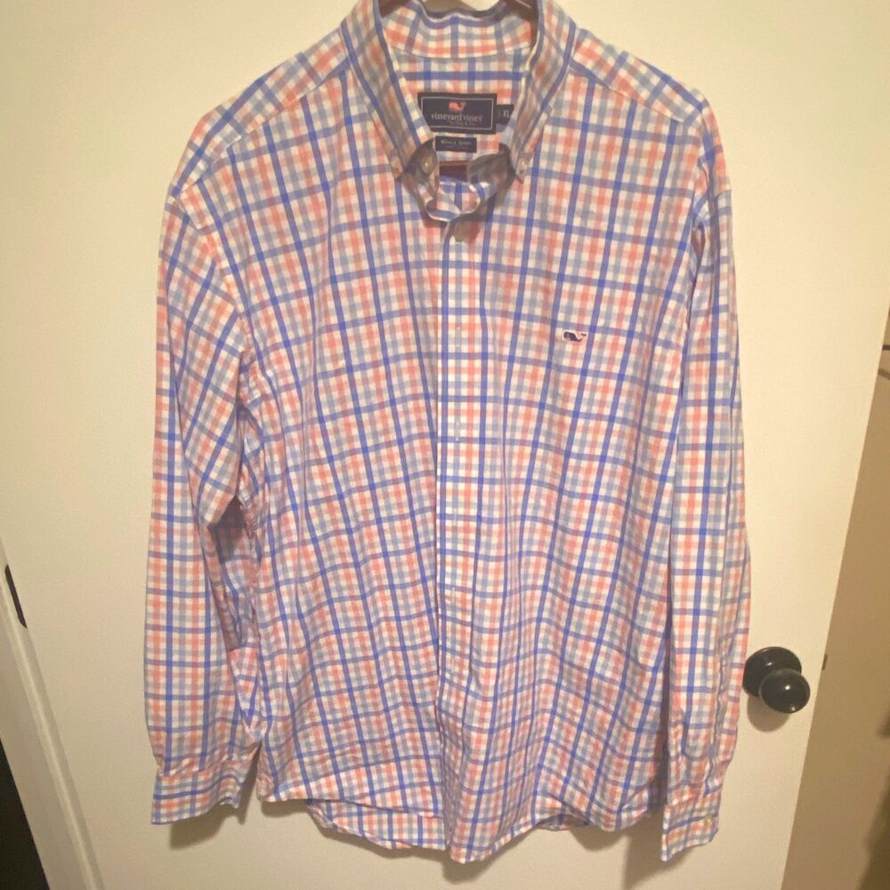 Vineyard Vines Whale Shirt Plaid Long Sleeve Button-Down Collar XL Blue